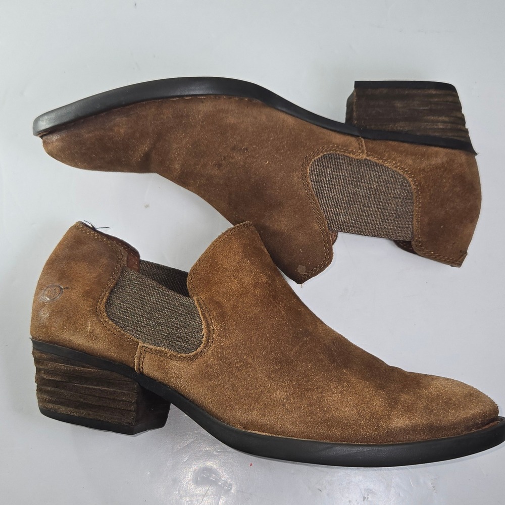 Born Brown Suede Pointed Toe Chelsea Booties Block Heel Ankle Boots Women US 8 - Picture 5 of 9